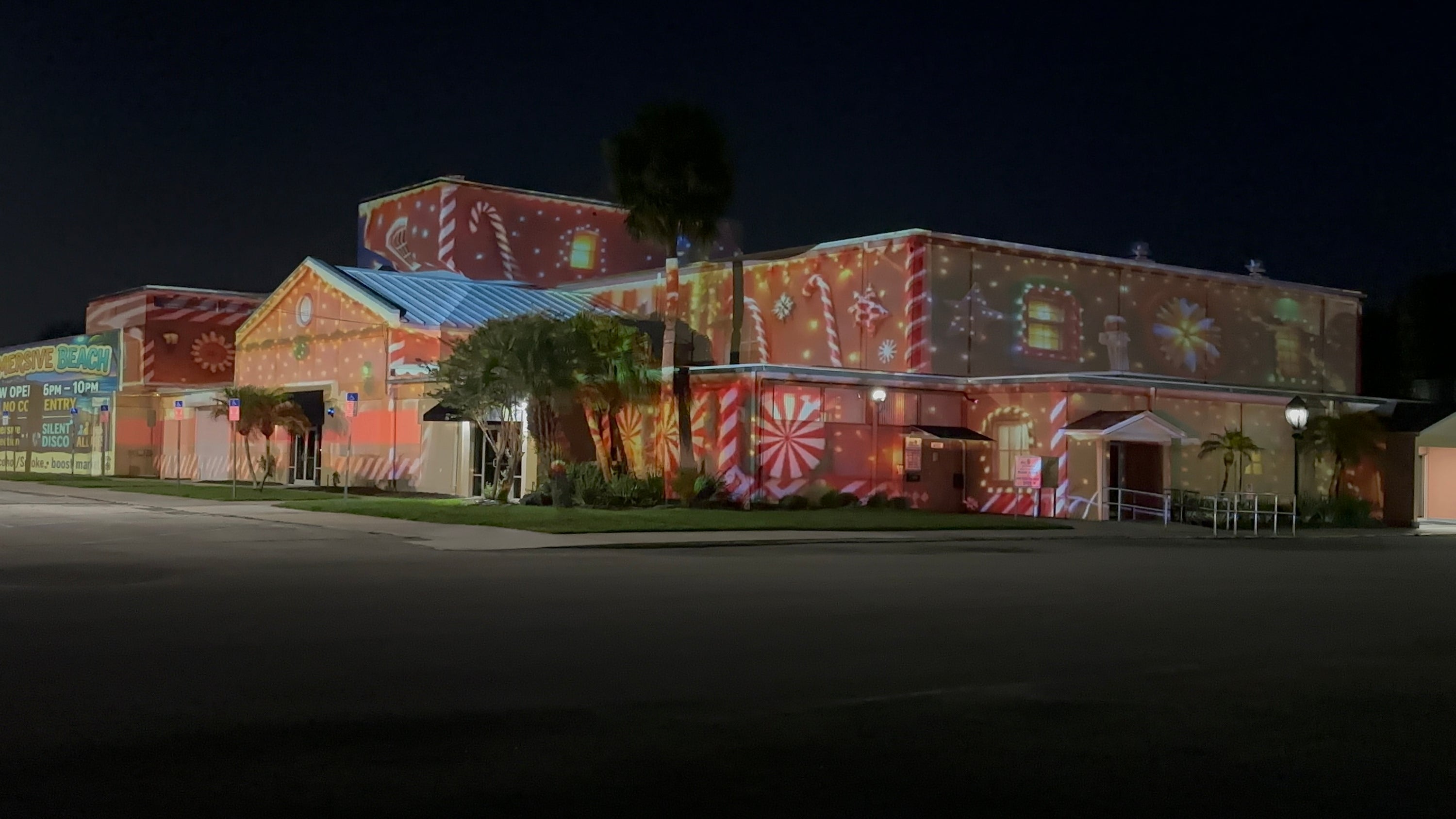 Candy cane Christmas projection mapping on a large building