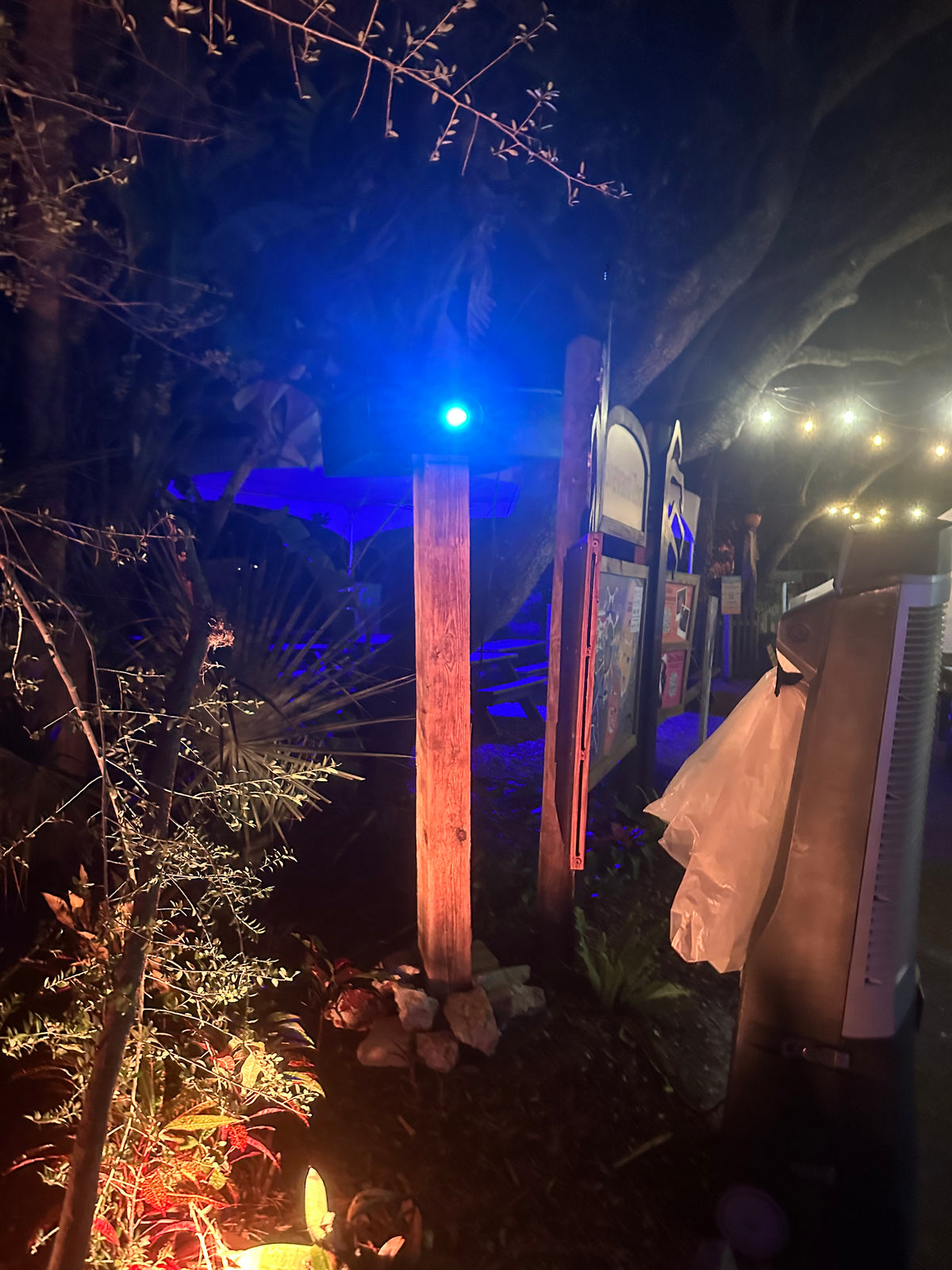 Projection light show on a property at night